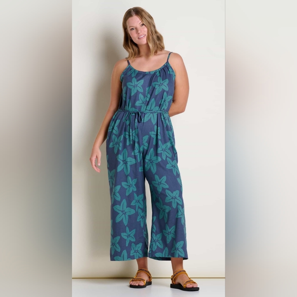 Toad&Co Taj Hemp Strappy Jumpsuit, Women's sz L, Jasper Large Floral Print